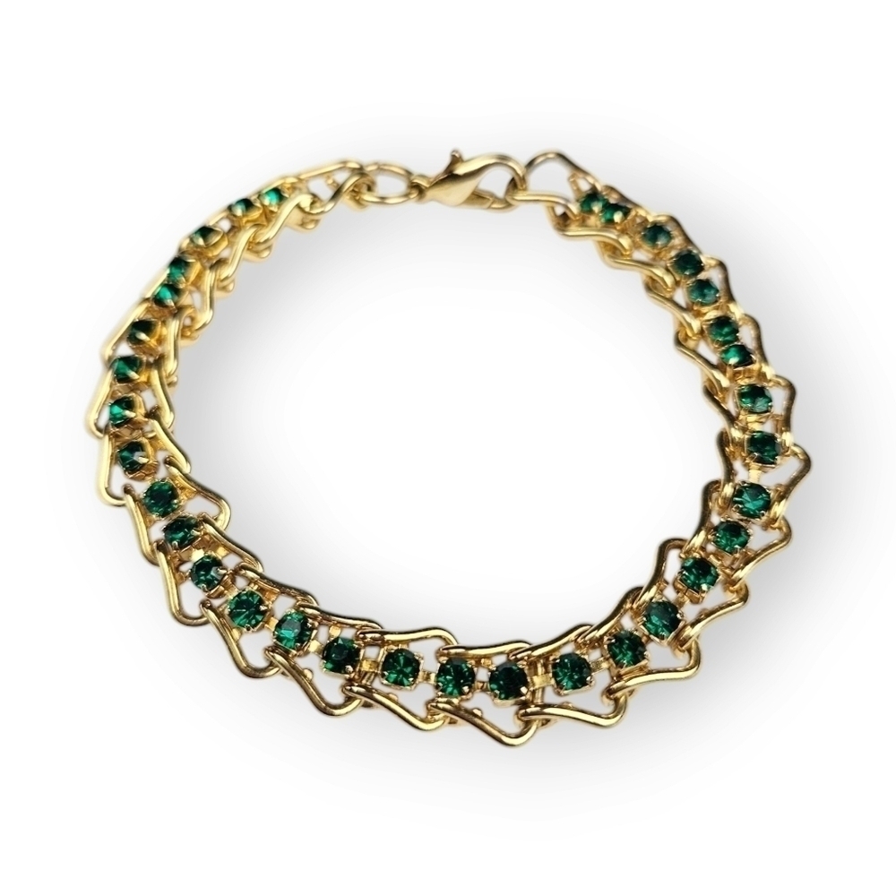 Emerald Green Rhinestone Hook Chain Bracelet Gold Plated Vintage 90s 7.25" Long